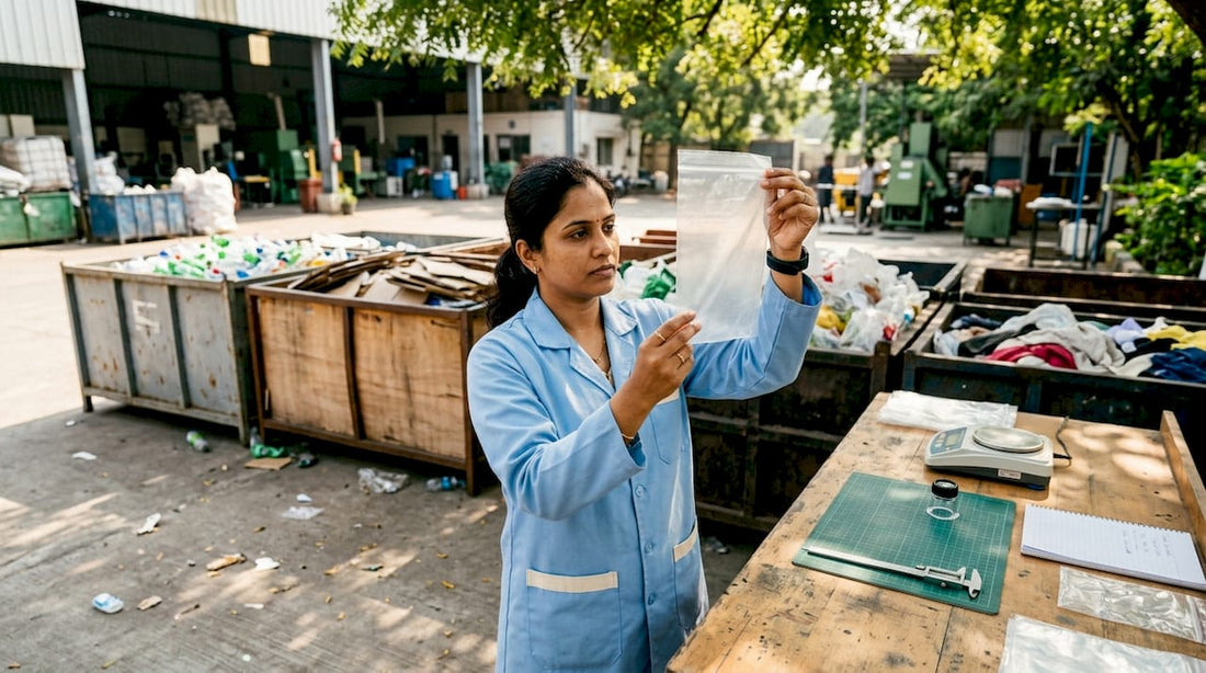 Woman inspecting recyclable plastic bags in factory