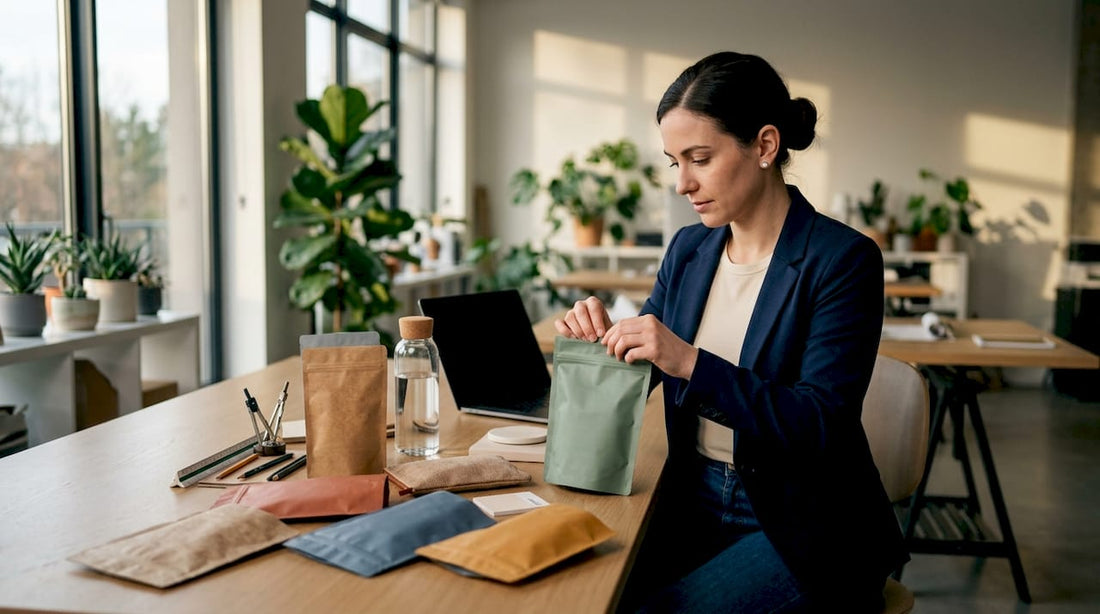 Product developer inspecting pouch samples on workbench