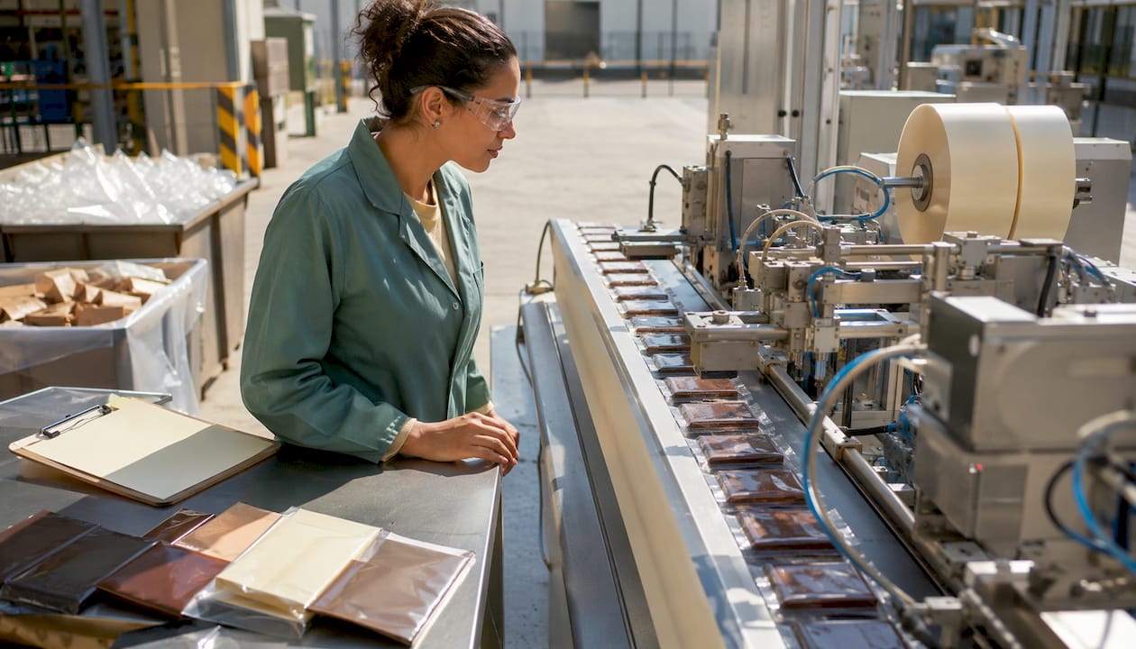 Engineer inspecting cold seal packaging machinery