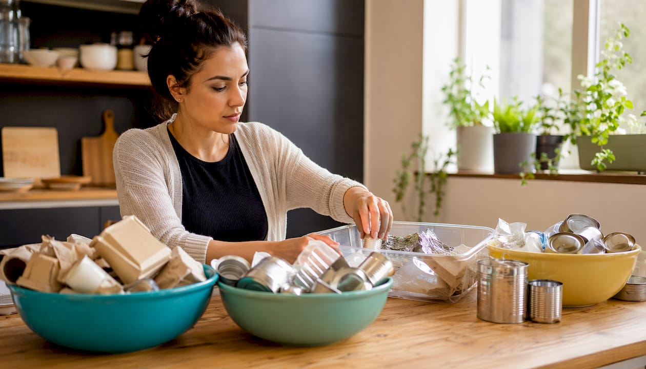 Woman sorting compostable and recyclable packaging