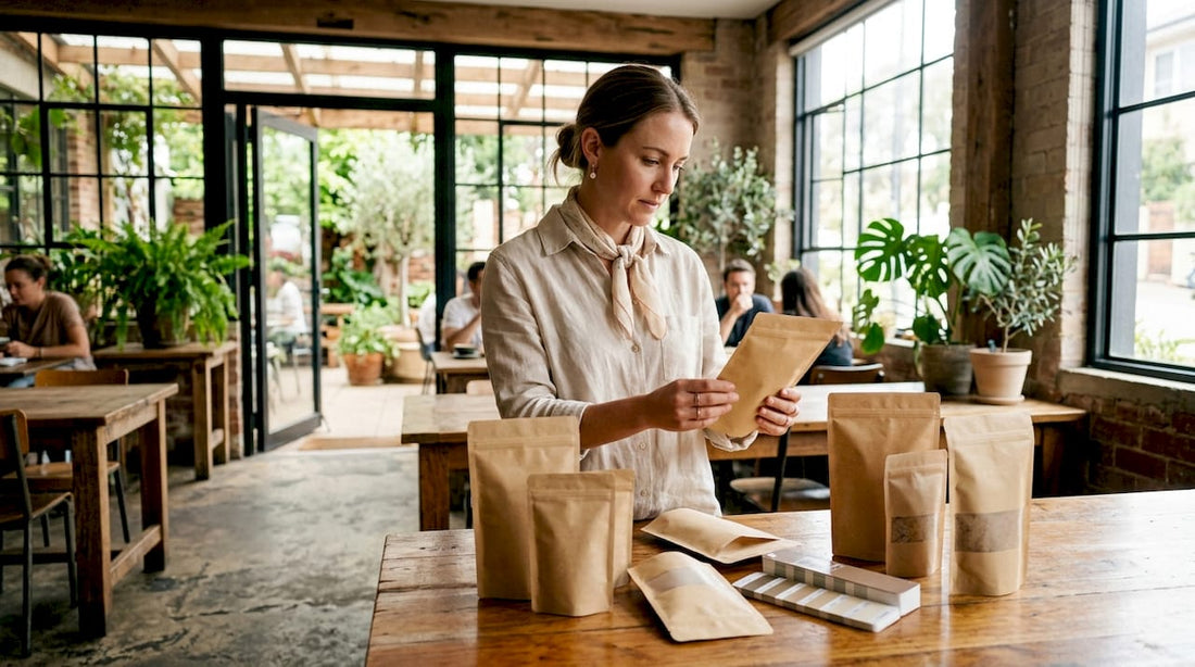 Designer reviewing kraft paper pouches