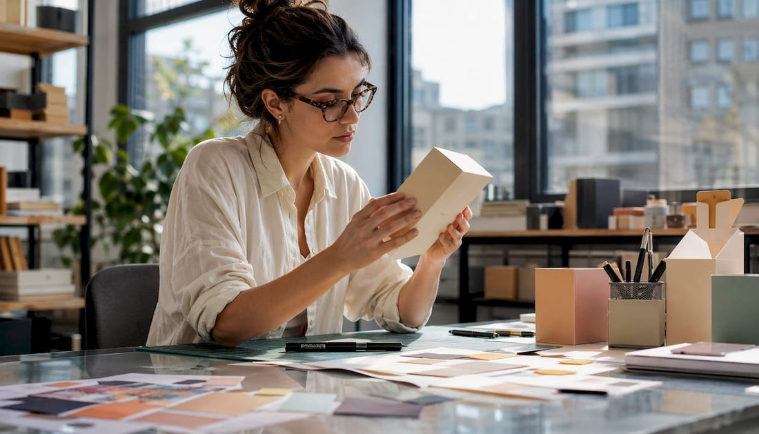 Designer examining packaging prototype sample