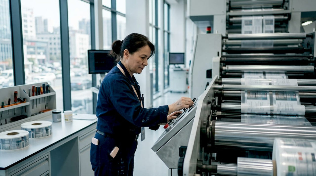 Operator adjusting rotogravure printing press