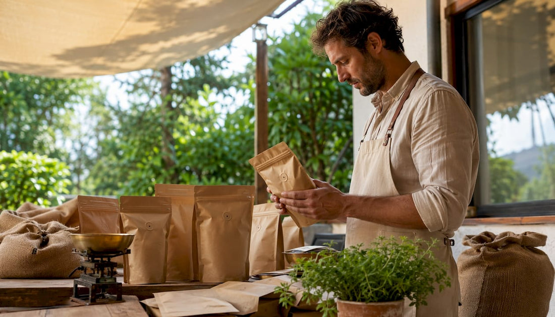 Coffee roaster examining eco-friendly coffee bags