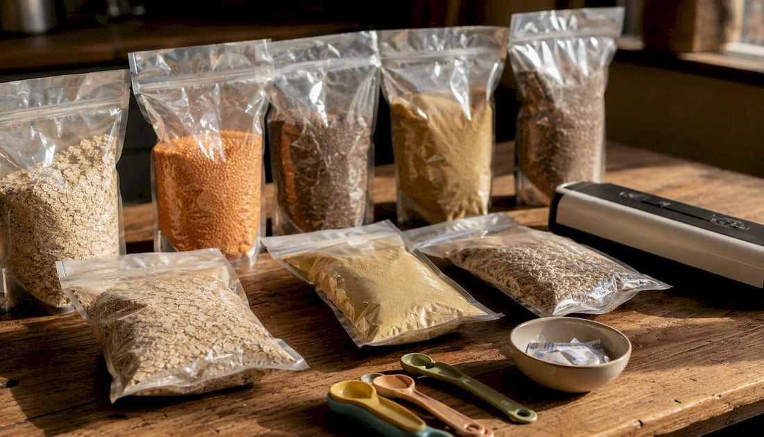 Sealed Mylar bags with dry foods on kitchen counter