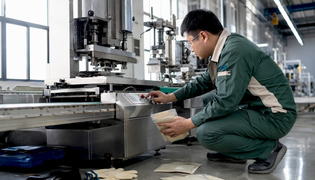 Technician examining ultrasonic sealing machine