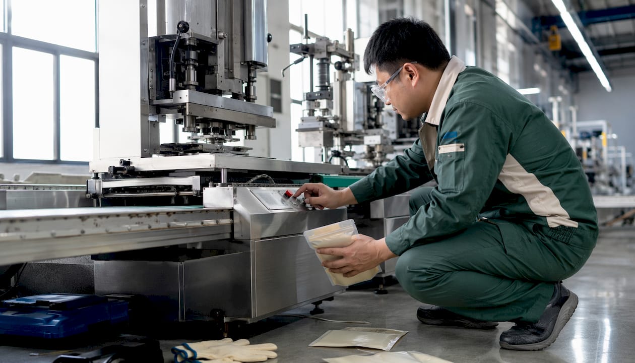 Technician examining ultrasonic sealing machine