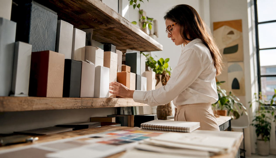 Designer arranging custom folding cartons