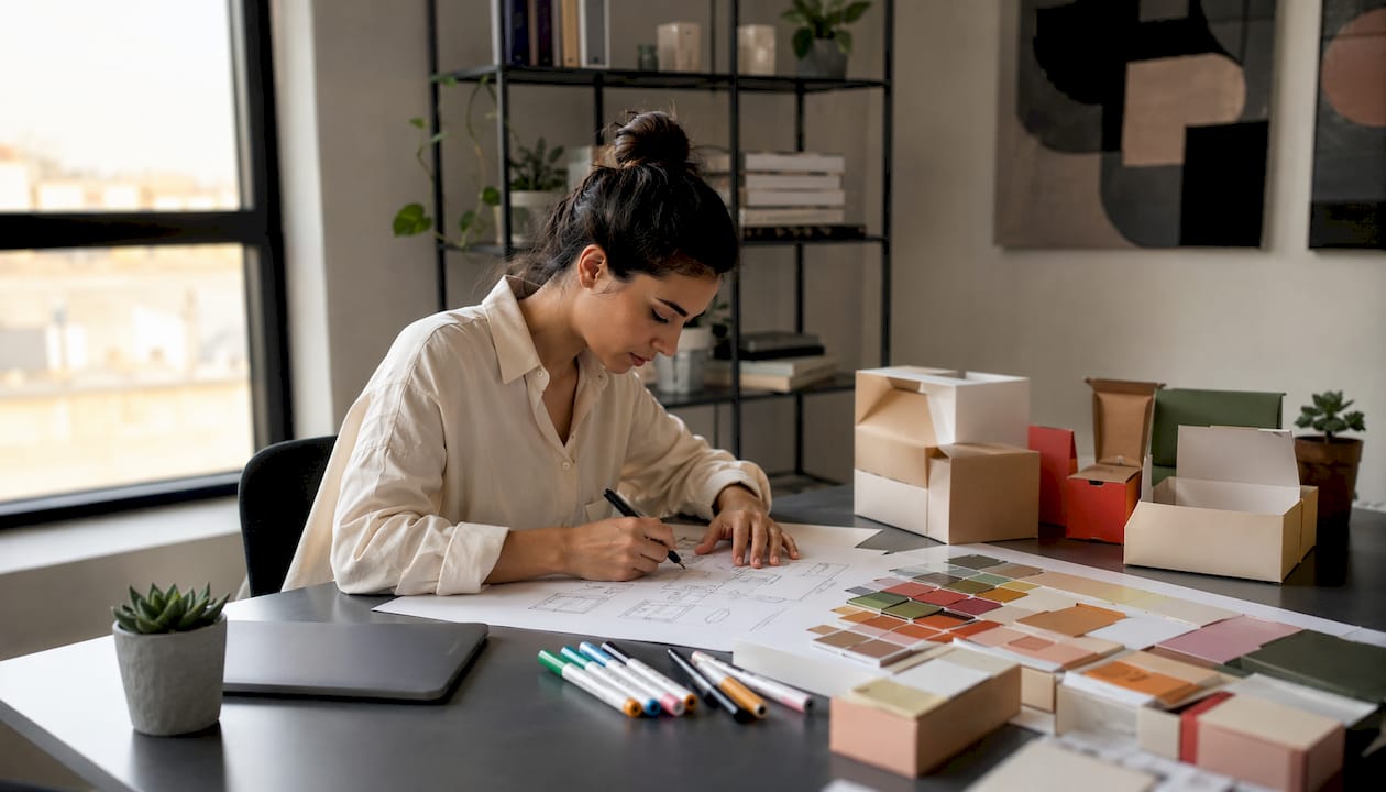 Designer sketching custom packaging boxes