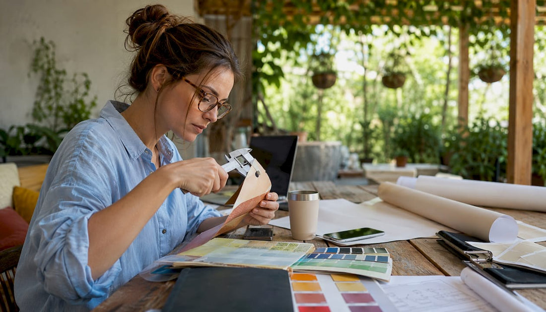 Packaging designer measuring eye mark on dieline sample