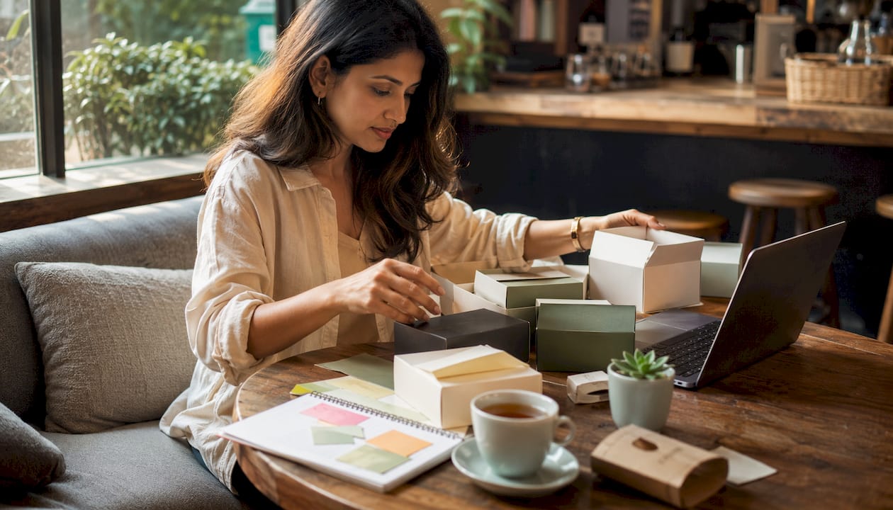 Woman comparing small e-commerce packaging samples