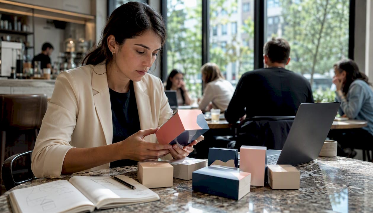 Entrepreneur reviewing startup packaging samples