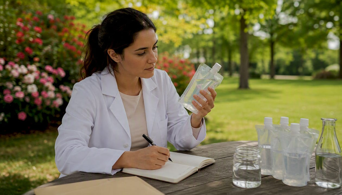 Engineer inspecting liquid spout pouch in lab