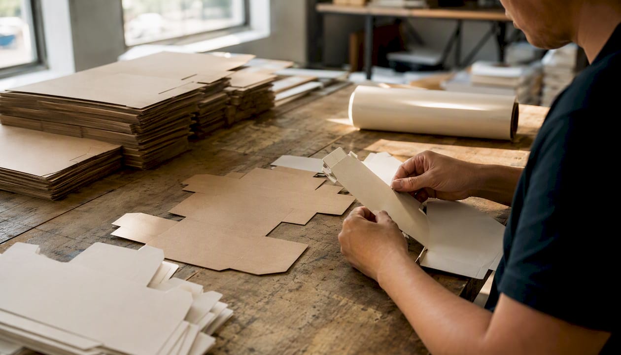 Hands folding custom carton blanks in workshop