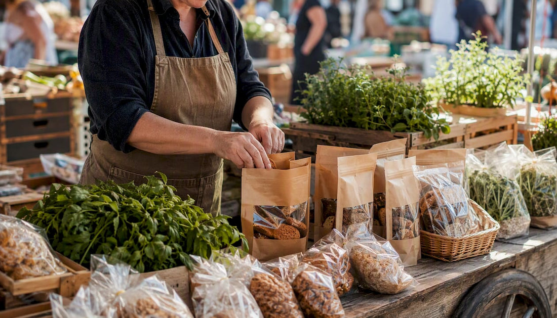 Hands packing berries and baked goods into market packaging